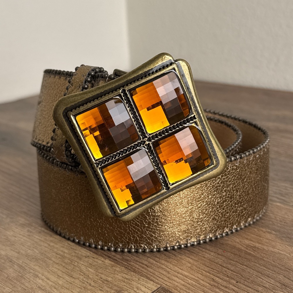 Vintage Cache Boho Gold Bronze‎ Metallic Belt Amber Jewel Statement Buckle Small